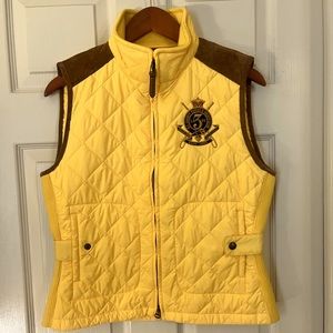 Women’s large yellow and brown suede-like quilted vest with Polo brand crest